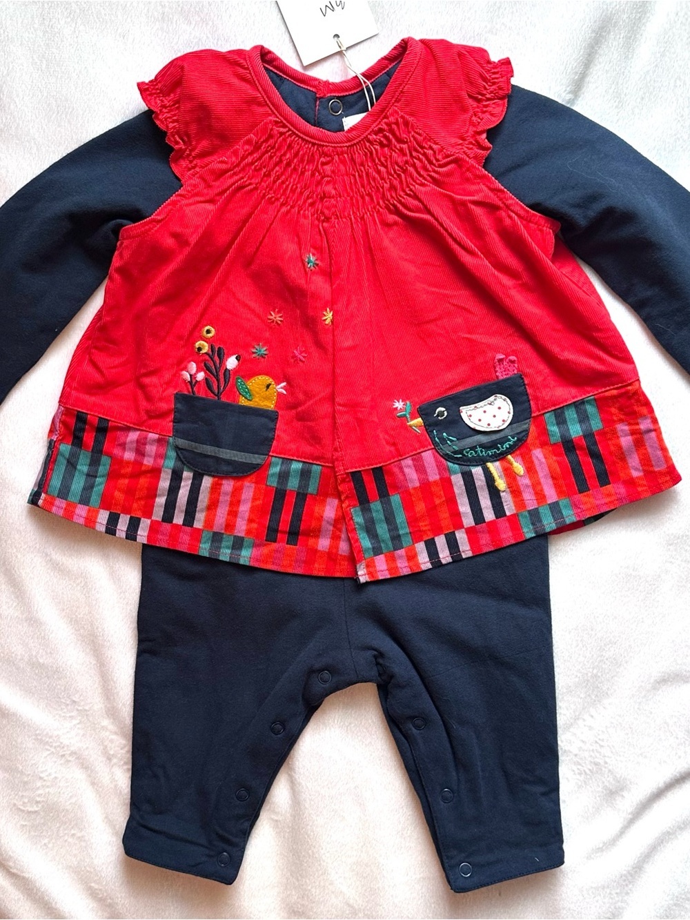 CATIMINI Baby Girl Birds Navy Red Corduroy Romper Dress One Pc Outfit Jumper 3M